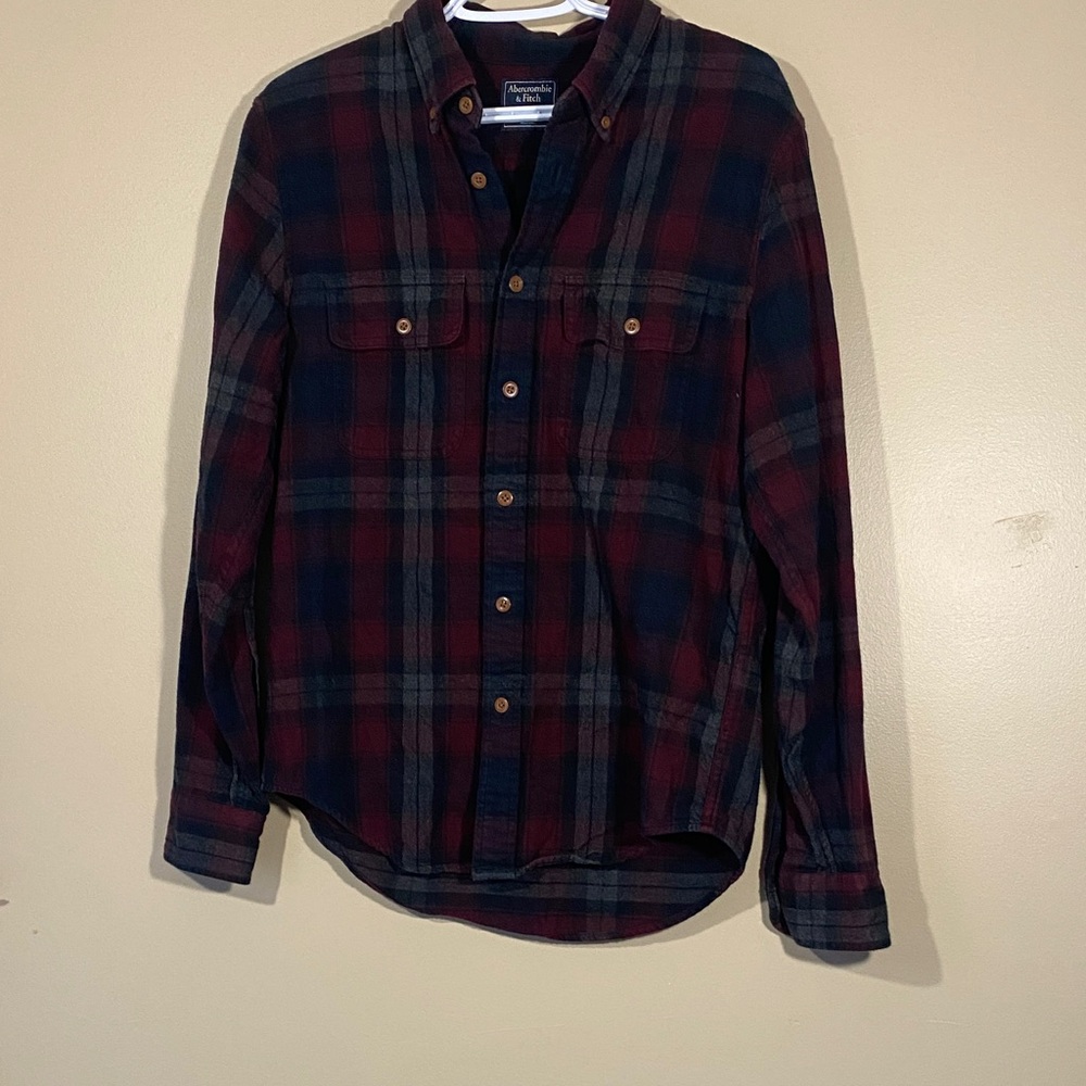 Abercrombie & Fitch Burgundy Navy Plaid Flannel Shirt M Soft Casual